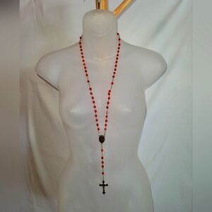 Antique Vintage Red Beads Rosary Saint Therese and crucifix with red pouch